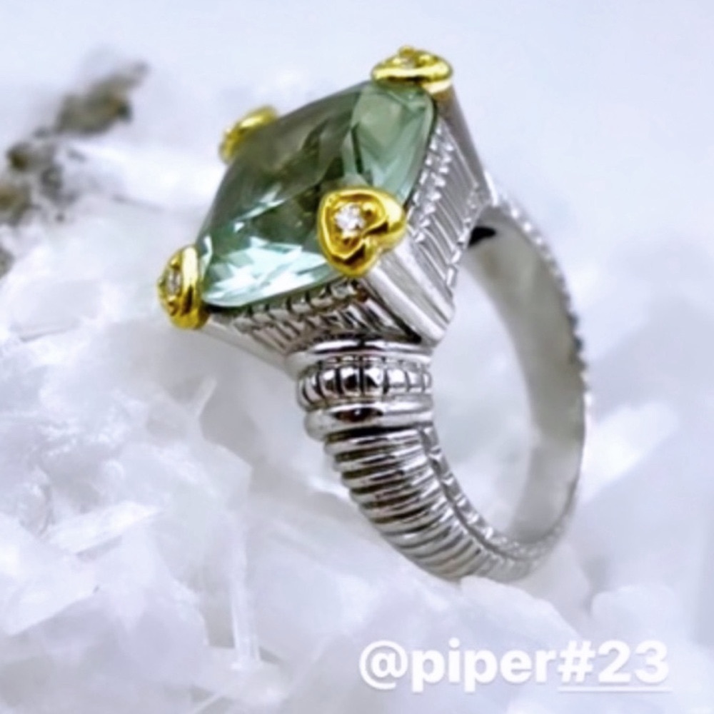 Judith Ripka JR TWO Fontaine Prasiolite & Diamond Cocktail Ring size 6 - Picture 2 of 8